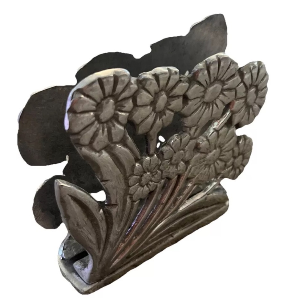 Metal Pewter Silver Napkin Holder Letter Envelope Caddy Theme Floral Daisy
